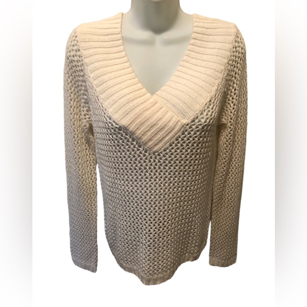 Boston Proper Open Loose Weave V~ Neck Sweater Sz. S Cream Spring Summer Casual